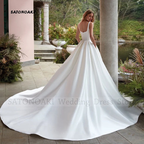 Elegant Simple Square Collar Satin Wedding Dress A-Line Backless Gown with Pockets